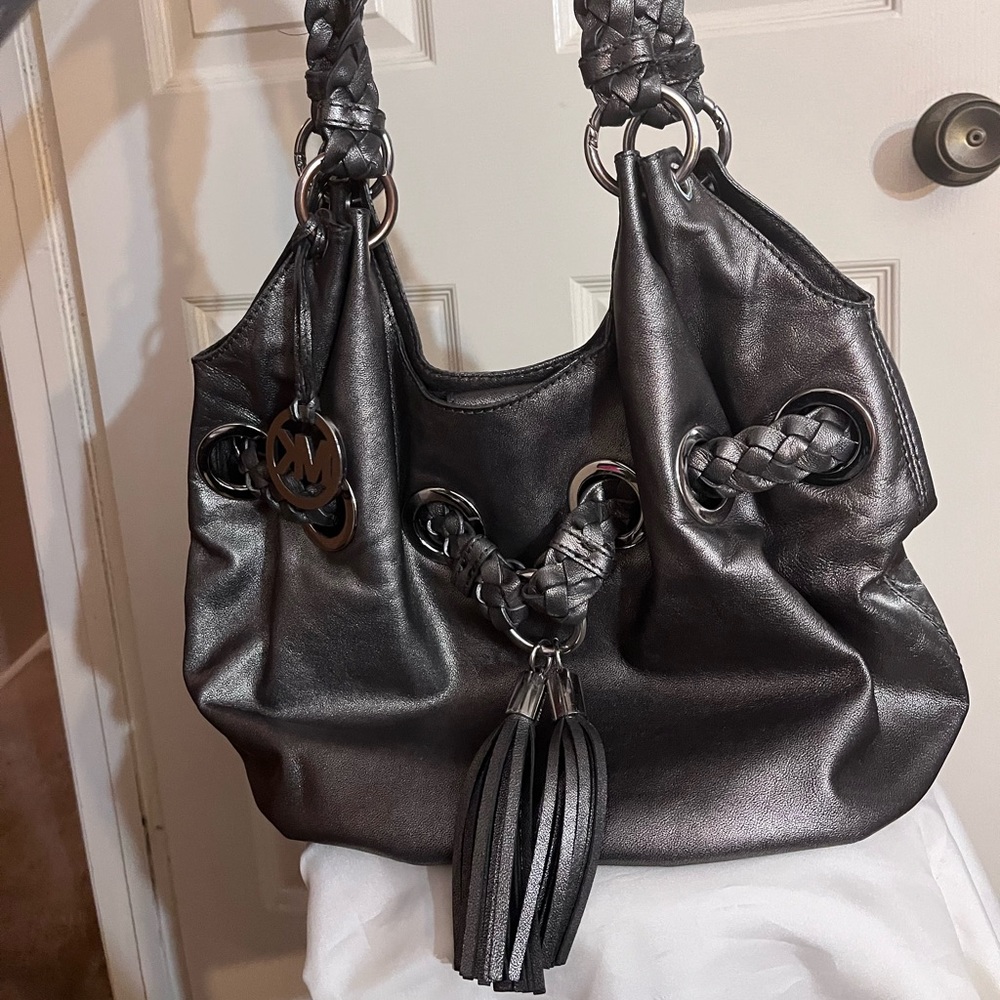 Michael Kors gunmetal silver braided strap tasseled hobo bag